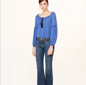 TORY BURCH Blue Silk Peasant Fringe Long Sleeve Blouse Sylvie Tunic Top